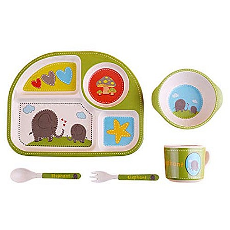 Bebe&Copii - Set de masa si tacamuri pentru copii din fibra de bambus, farfurie 4 compartimente, FizioTab Kids, Elefant