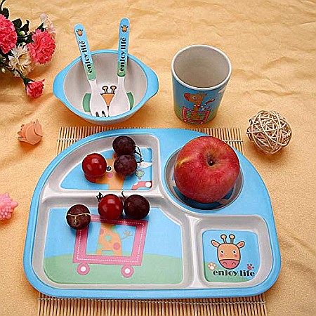 Set de masa si tacamuri pentru copii din fibra de bambus, farfurie 4 compartimente, FizioTab Kids, Girafa [1]