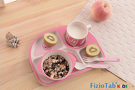 Set de masa si tacamuri pentru copii din fibra de bambus, farfurie 4 compartimente, FizioTab Kids, Iepure [1]