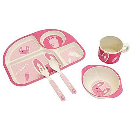 Bebe&Copii - Set de masa si tacamuri pentru copii din fibra de bambus, farfurie 4 compartimente, FizioTab Kids, Iepure