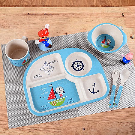 Set de masa si tacamuri pentru copii din fibra de bambus, farfurie 4 compartimente, FizioTab Kids, Marinar [3]