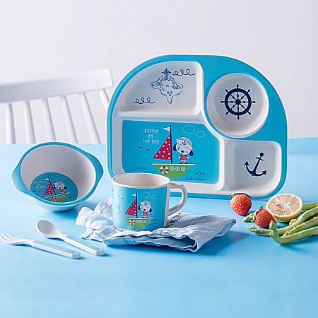 Set de masa si tacamuri pentru copii din fibra de bambus, farfurie 4 compartimente, FizioTab Kids, Marinar [2]