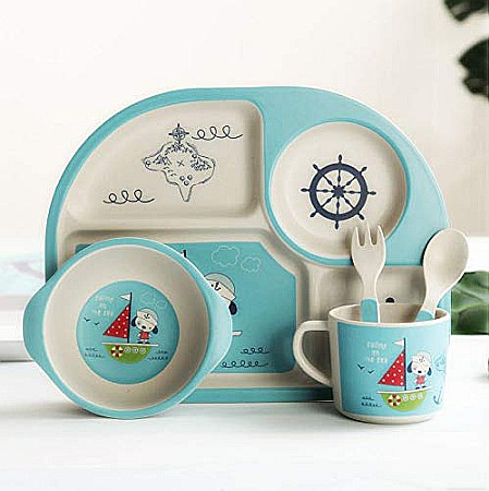 Set de masa si tacamuri pentru copii din fibra de bambus, farfurie 4 compartimente, FizioTab Kids, Marinar [1]