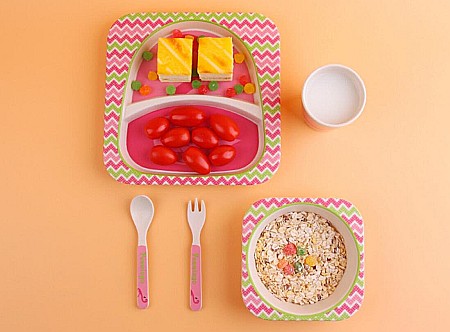 Set de masa si tacamuri pentru copii din fibra de bambus, farfurie cu 2 compartimente, FizioTab Kids, Flamingo [2]