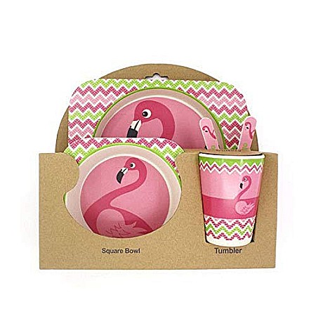 Set de masa si tacamuri pentru copii din fibra de bambus, farfurie cu 2 compartimente, FizioTab Kids, Flamingo [4]