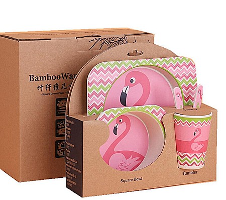 Bebe&Copii - Set de masa si tacamuri pentru copii din fibra de bambus, farfurie cu 2 compartimente, FizioTab Kids, Flamingo