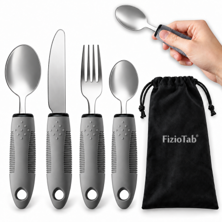 Tacamuri ergonomice seniori - Set Tacamuri Ergonomice FizioTab® Pentru Seniori, Persoane cu Dizabilitati, Maner Cauciucat Lat , Antiderapant, 4 piese, Gri