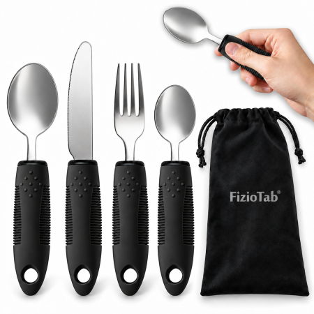 Tacamuri ergonomice seniori - Set Tacamuri Ergonomice FizioTab® Pentru Seniori, Persoane cu Dizabilitati, Maner Cauciucat Lat , Antiderapant, 4 piese, Negru