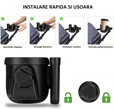 Suport Pahar Universal FizioTab® pentru Biberon, Telefon pentru Carucior, Bicicleta, 2 in 1, Prindere 360°, Rezistent si Stabil, Negru [4]