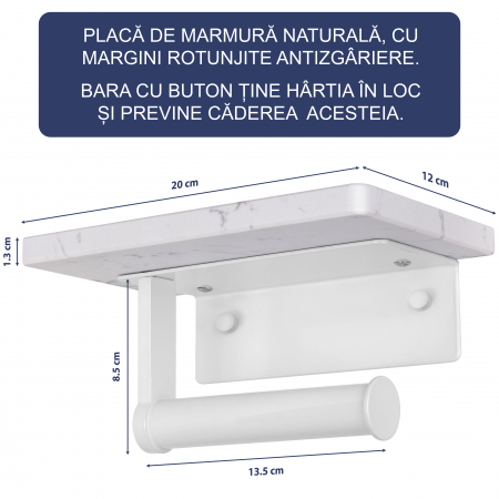 Suport Rola Hartie Igienica FizioTab® din Metal cu Raft din Marmura pentru Depozitare Telefon, Servetele sau alte Accesorii, Alb/Alb [3]