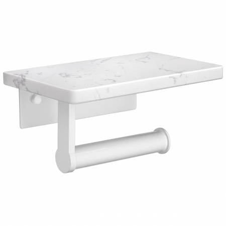 Suporti hartie igienica - Suport Rola Hartie Igienica FizioTab® din Metal cu Raft din Marmura pentru Depozitare Telefon, Servetele sau alte Accesorii, Alb/Alb