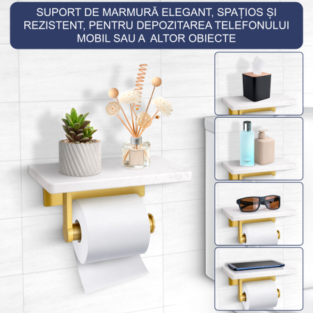 Suport Rola Hartie Igienica FizioTab® din Metal cu Raft din Marmura pentru Depozitare Telefon, Servetele sau alte Accesorii, Alb/Auriu [1]