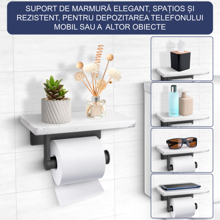 Suport Rola Hartie Igienica FizioTab® din Metal cu Raft din Marmura pentru Depozitare Telefon, Servetele sau alte Accesorii, Alb/Gri [1]