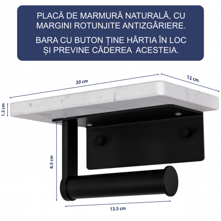 Suport Rola Hartie Igienica FizioTab® din Metal cu Raft din Marmura pentru Depozitare Telefon, Servetele sau alte Accesorii, Alb/Negru [3]