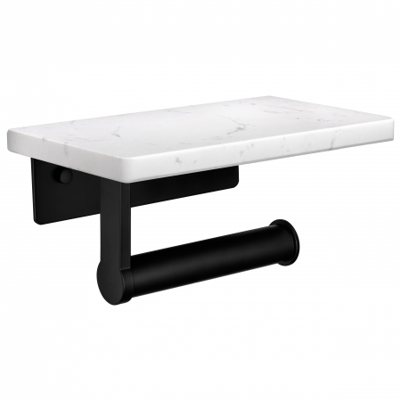 Suporti hartie igienica - Suport Rola Hartie Igienica FizioTab® din Metal cu Raft din Marmura pentru Depozitare Telefon, Servetele sau alte Accesorii, Alb/Negru