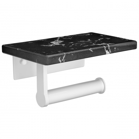 Suporti hartie igienica - Suport Rola Hartie Igienica FizioTab® din Metal cu Raft din Marmura pentru Depozitare Telefon, Servetele sau alte Accesorii, Negru/Alb