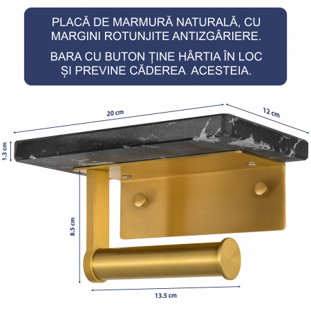 Suport Rola Hartie Igienica FizioTab® din Metal cu Raft din Marmura pentru Depozitare Telefon, Servetele sau alte Accesorii, Negru/Auriu [2]