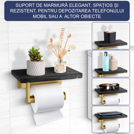 Suport Rola Hartie Igienica FizioTab® din Metal cu Raft din Marmura pentru Depozitare Telefon, Servetele sau alte Accesorii, Negru/Auriu [1]