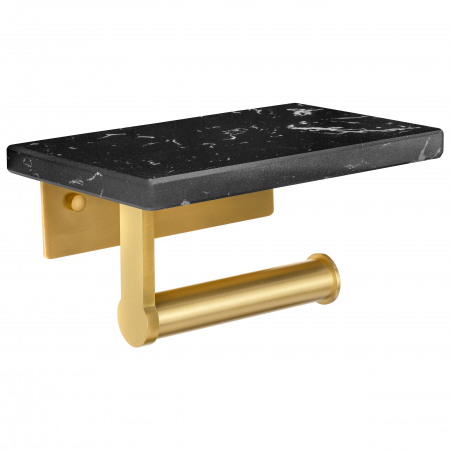 Home&Garden - Suport Rola Hartie Igienica FizioTab® din Metal cu Raft din Marmura pentru Depozitare Telefon, Servetele sau alte Accesorii, Negru/Auriu