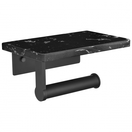 Suporti hartie igienica - Suport Rola Hartie Igienica FizioTab® din Metal cu Raft din Marmura pentru Depozitare Telefon, Servetele sau alte Accesorii, Negru/Gri