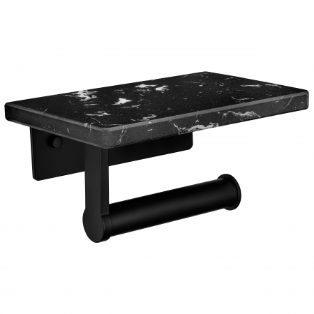 Suporti hartie igienica - Suport Rola Hartie Igienica FizioTab® din Metal cu Raft din Marmura pentru Depozitare Telefon, Servetele sau alte Accesorii, Negru/Negru