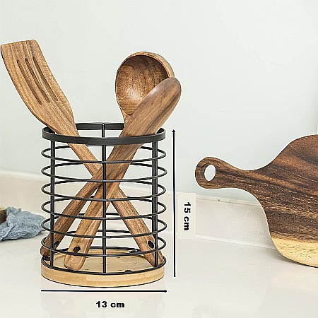 Suport Rotund FizioTab® pentru Tacamuri si Ustensile de Bucatarie, din Metal si Fibra de Bambus, 13x15 cm [5]