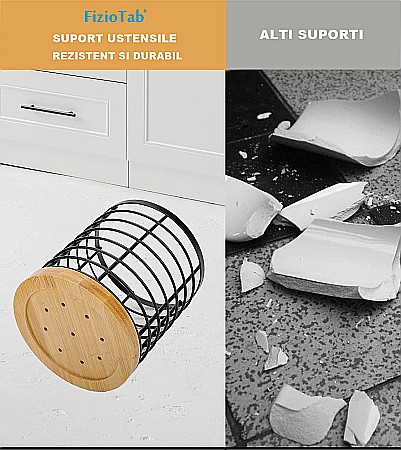 Suport Rotund FizioTab® pentru Tacamuri si Ustensile de Bucatarie, din Metal si Fibra de Bambus, 13x15 cm [3]