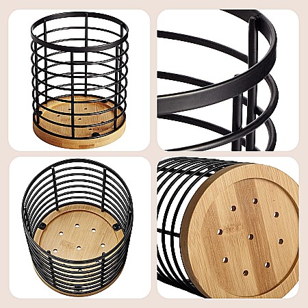 Suport Rotund FizioTab® pentru Tacamuri si Ustensile de Bucatarie, din Metal si Fibra de Bambus, 13x15 cm [6]