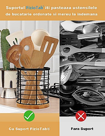 Suport Rotund FizioTab® pentru Tacamuri si Ustensile de Bucatarie, din Metal si Fibra de Bambus, 13x15 cm [2]