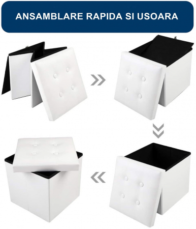 Taburet Pliabil cu Spatiu de Depozitare FizioTab®, Tip Cutie, Otoman, Piele Ecologica, 38X38X38 cm, Alb [7]