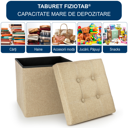 Taburet Pliabil cu Spatiu de Depozitare FizioTab®, Tip Cutie, Cub Textil, 38X38X38 cm, Bej, Cusaturi Albe [1]