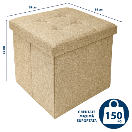 Taburet Pliabil cu Spatiu de Depozitare FizioTab®, Tip Cutie, Cub Textil, 38X38X38 cm, Bej, Cusaturi Albe [3]
