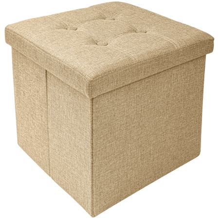 Tabureti living - Taburet Pliabil cu Spatiu de Depozitare FizioTab®, Tip Cutie, Cub Textil, 38X38X38 cm, Bej, Cusaturi Albe