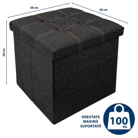 Taburet Pliabil cu Spatiu de Depozitare FizioTab®, Tip Cutie, Cub Textil, 38X38X38 cm, Negru [5]