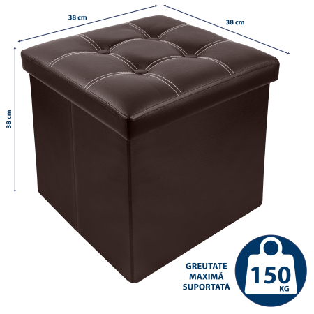 Taburet Pliabil cu Spatiu de Depozitare FizioTab®, Tip Cutie, Otoman, Cub 38X38X38 cm, Piele ecologica, Maro [3]