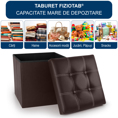 Taburet Pliabil cu Spatiu de Depozitare FizioTab®, Tip Cutie, Otoman, Cub 38X38X38 cm, Piele ecologica, Maro [1]