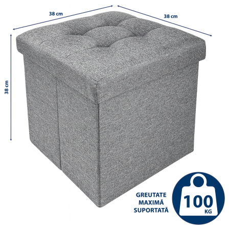 Taburet Pliabil cu Spatiu de Depozitare FizioTab®, Tip Cutie, Otoman, Culoare Gri, Textil 38X38X38 cm [5]