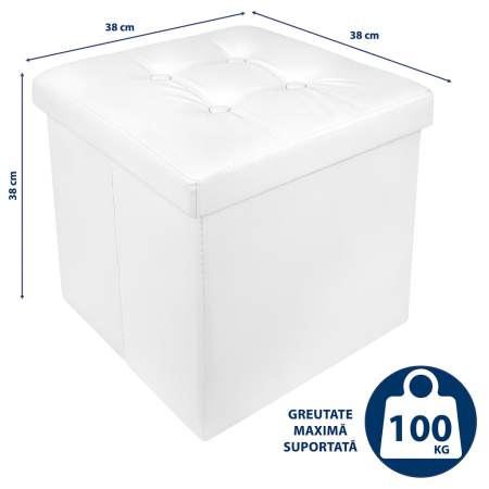 Taburet Pliabil cu Spatiu de Depozitare FizioTab®, Tip Cutie, Otoman, Piele Ecologica, 38X38X38 cm, Alb [7]