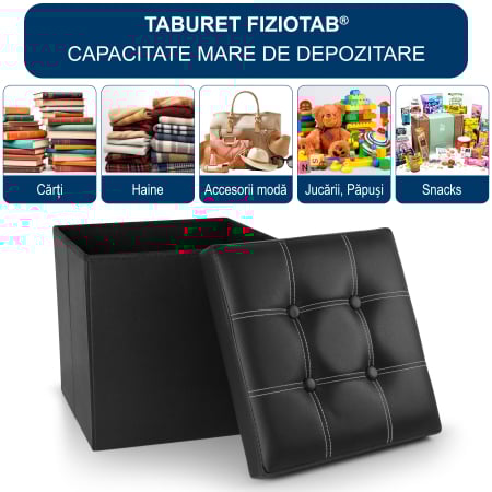Taburet Pliabil cu Spatiu de Depozitare FizioTab®, Tip Cutie, Otoman, Piele ecologica, 38X38X38 cm, Negru, Cusaturi Albe [1]
