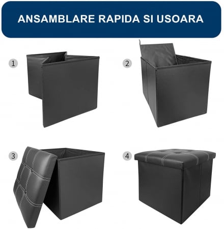 Taburet Pliabil cu Spatiu de Depozitare FizioTab®, Tip Cutie, Otoman, Piele ecologica, 38X38X38 cm, Negru, Cusaturi Albe [7]