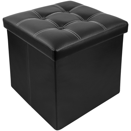Tabureti living - Taburet Pliabil cu Spatiu de Depozitare FizioTab®, Tip Cutie, Otoman, Piele ecologica, 38X38X38 cm, Negru, Cusaturi Albe