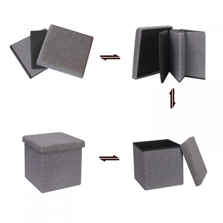 aburet Pliabil Textil cu Spatiu de Depozitare FizioTab®, Tip Cutie, Otoman, Culoare Gri, Cub 37X37X37 cm [6]