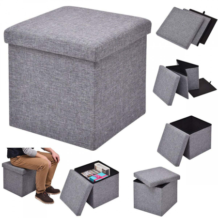 aburet Pliabil Textil cu Spatiu de Depozitare FizioTab®, Tip Cutie, Otoman, Culoare Gri, Cub 37X37X37 cm [7]