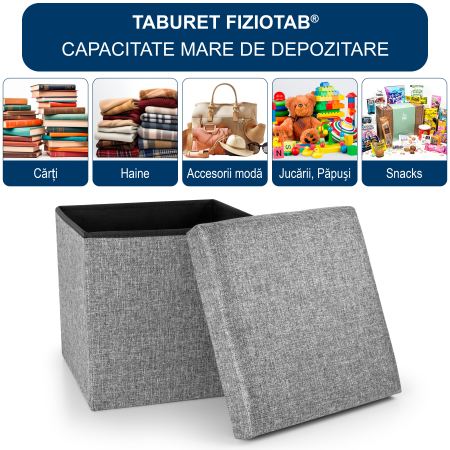 aburet Pliabil Textil cu Spatiu de Depozitare FizioTab®, Tip Cutie, Otoman, Culoare Gri, Cub 37X37X37 cm [1]