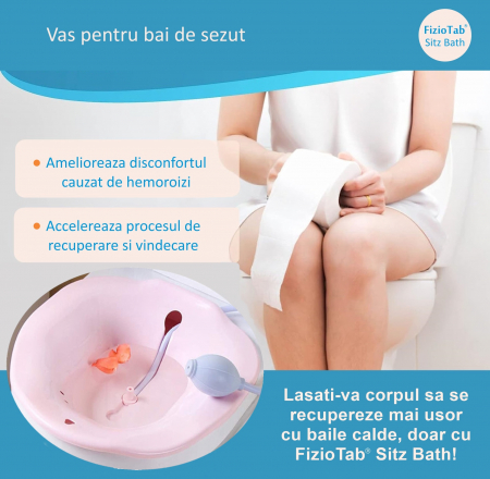 Vas FizioTab® Sitz Bath, pentru Baie de Sezut, tip Lighean pentru Wc, Asigura Igiena Locala si Ameliorarea Simptomelor Provocate de Hemoroizi, Carlig si Saculet Depozitare Incluse, Roz cu Irigator Reg [2]