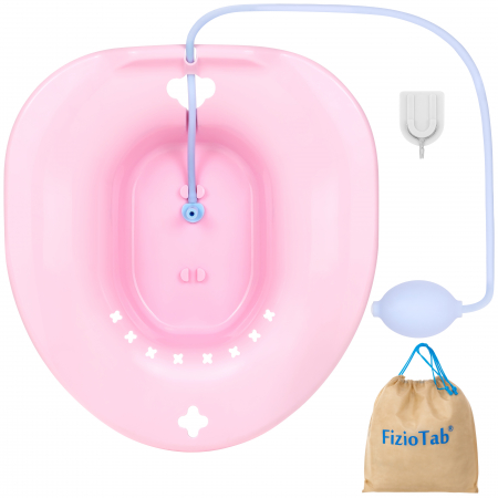 Vas FizioTab® Sitz Bath, pentru Baie de Sezut, tip Lighean pentru Wc, Asigura Igiena Locala si Ameliorarea Simptomelor Provocate de Hemoroizi, Carlig si Saculet Depozitare Incluse, Roz cu Irigator Reg