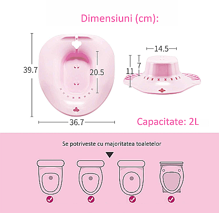 Vas FizioTab® Sitz Bath, pentru Baie de Sezut, tip Lighean pentru Wc, Asigura Igiena Locala si Ameliorarea Simptomelor Provocate de Hemoroizi, Carlig si Saculet Depozitare Incluse, Roz cu Irigator Reg [8]