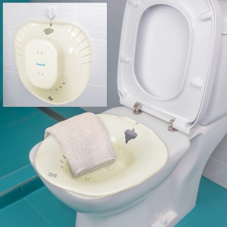 Vas FizioTab® Sitz Bath, pentru Bai de Sezut, tip Lighean pentru Wc, cu Irigator Reglabil, Asigura Igiena Locala si Ameliorarea Simptomelor Provocate de Hemoroizi, Carlig si Saculet Depozitare Incluse [3]