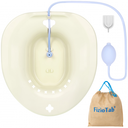 Vas FizioTab® Sitz Bath, pentru Bai de Sezut, tip Lighean pentru Wc, cu Irigator Reglabil, Asigura Igiena Locala si Ameliorarea Simptomelor Provocate de Hemoroizi, Carlig si Saculet Depozitare Incluse