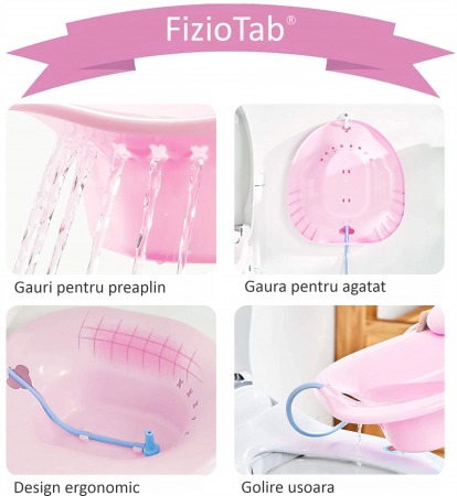 Vas FizioTab® Sitz Bath, pentru Baie de Sezut, tip Lighean pentru Wc, Asigura Igiena Locala si Ameliorarea Simptomelor Provocate de Hemoroizi, Carlig si Saculet Depozitare Incluse, Roz cu Irigator Reg [5]